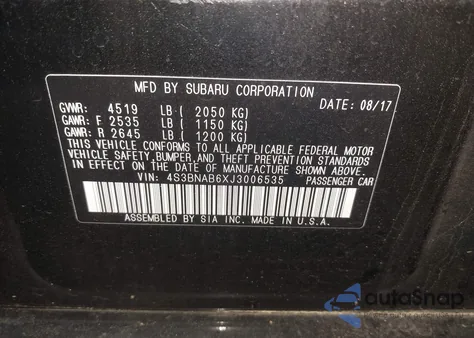 2018 Subaru Legacy 2.5I from USA, damaged, VIN 4S3BNAB6XJ3006535